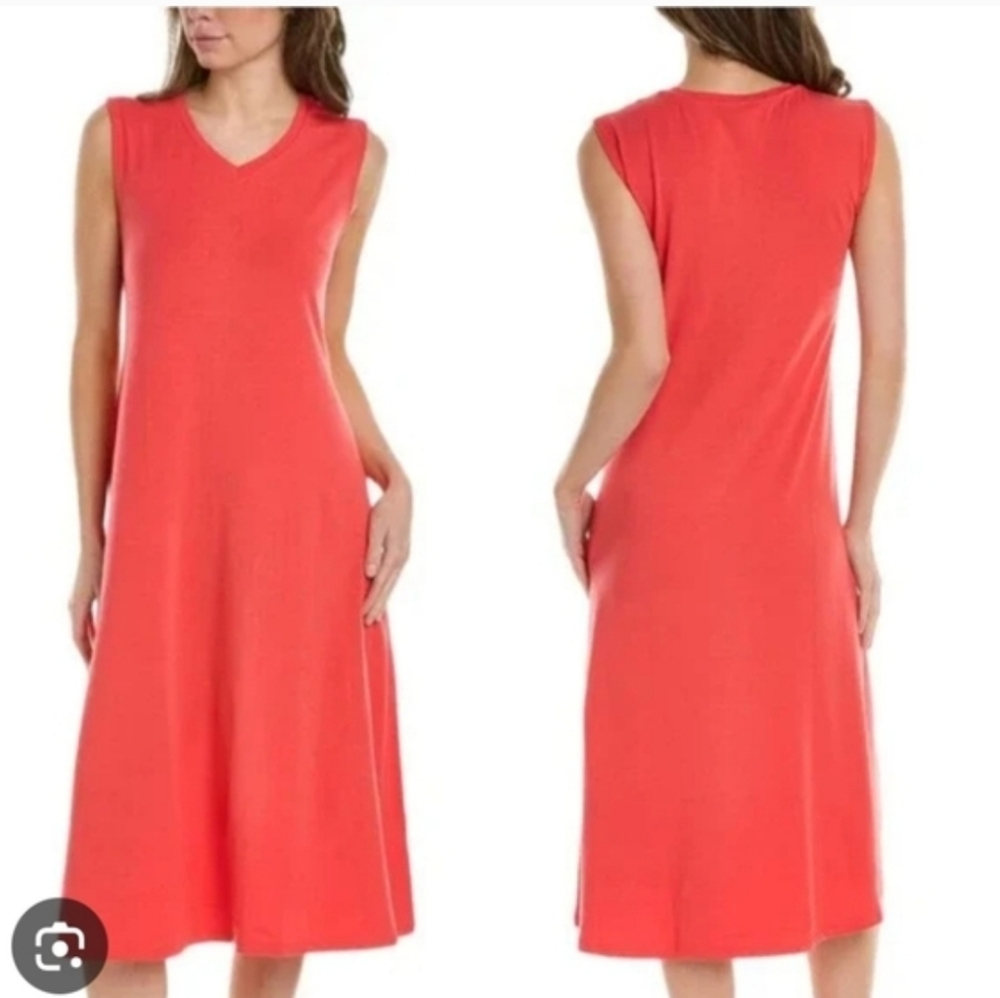 Eileen Fisher Coral Sleeveless Midi Dress Quiet Luxury Capsule Wardrobe Staple